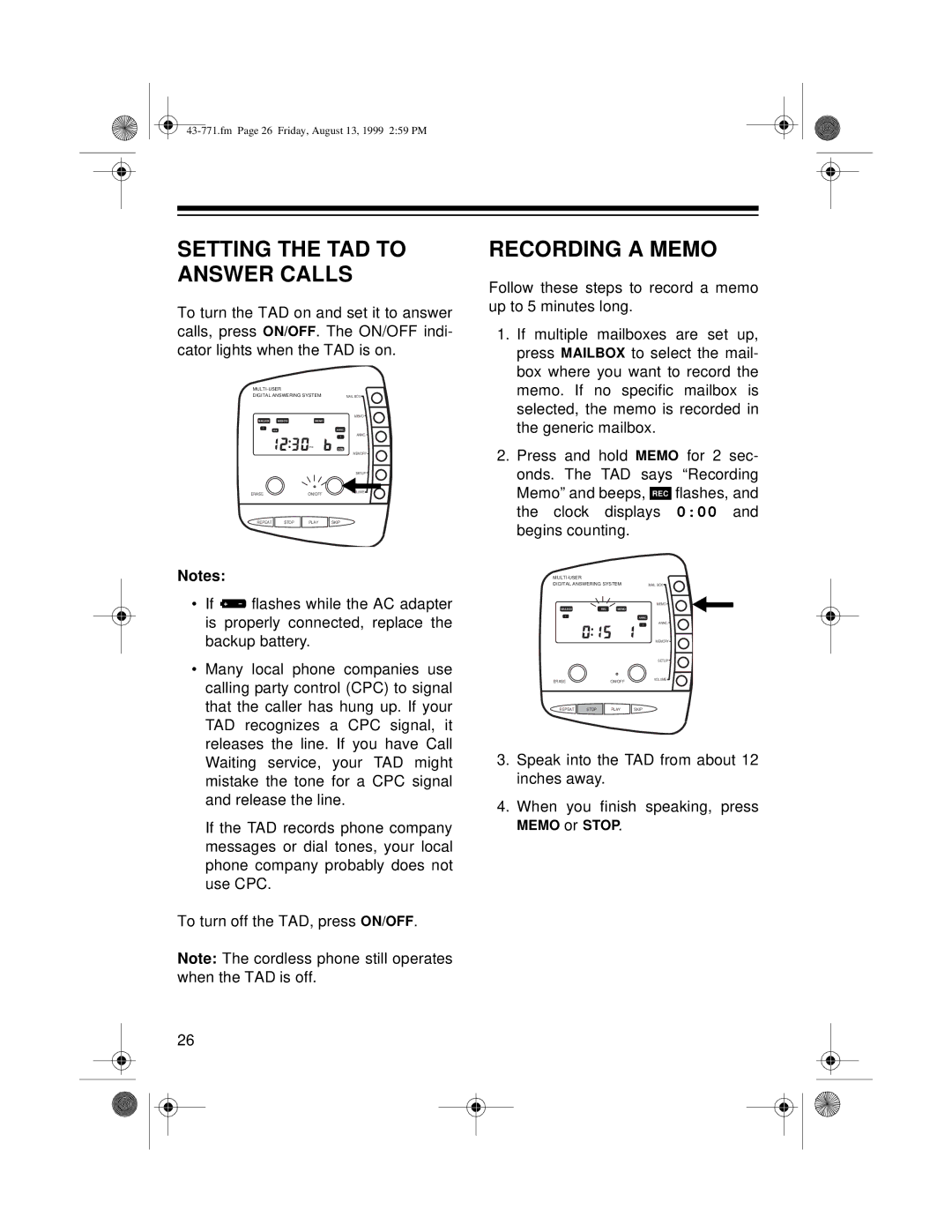 Radio Shack TAD-1010 owner manual Setting the TAD to Answer Calls, Recording a Memo 