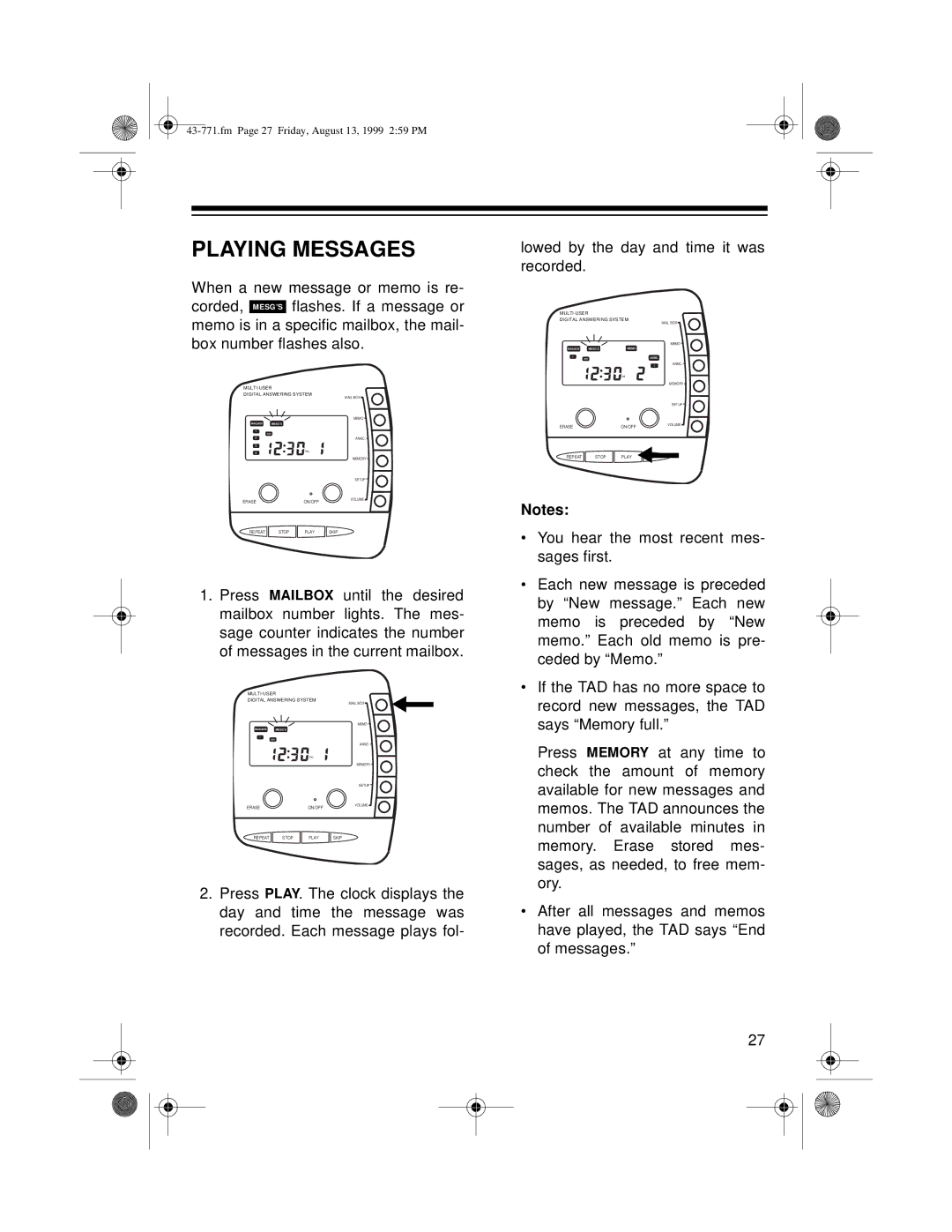 Radio Shack TAD-1010 owner manual Playing Messages 