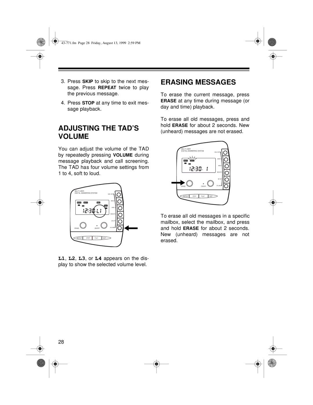 Radio Shack TAD-1010 owner manual Adjusting the TAD’S Volume, Erasing Messages 