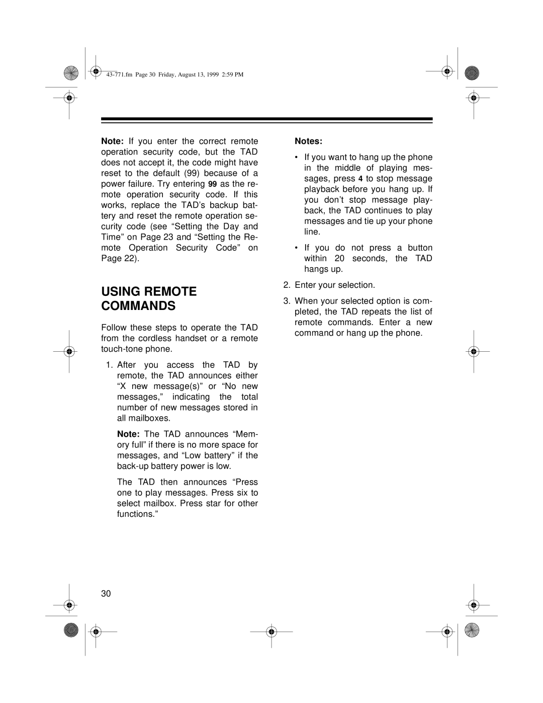 Radio Shack TAD-1010 owner manual Using Remote Commands 