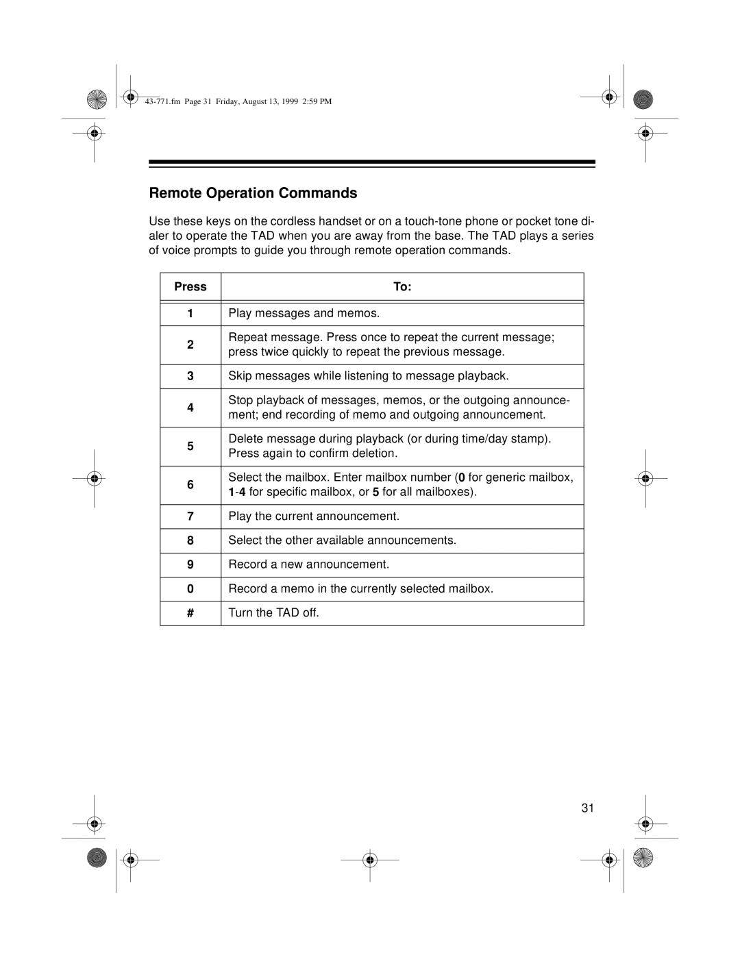 Radio Shack TAD-1010 owner manual Remote Operation Commands 