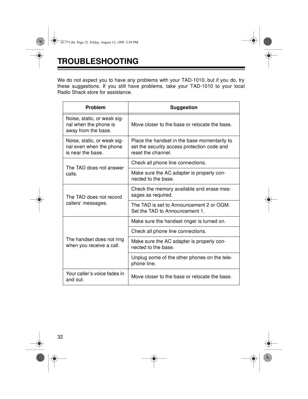 Radio Shack TAD-1010 owner manual Troubleshooting, Problem Suggestion 