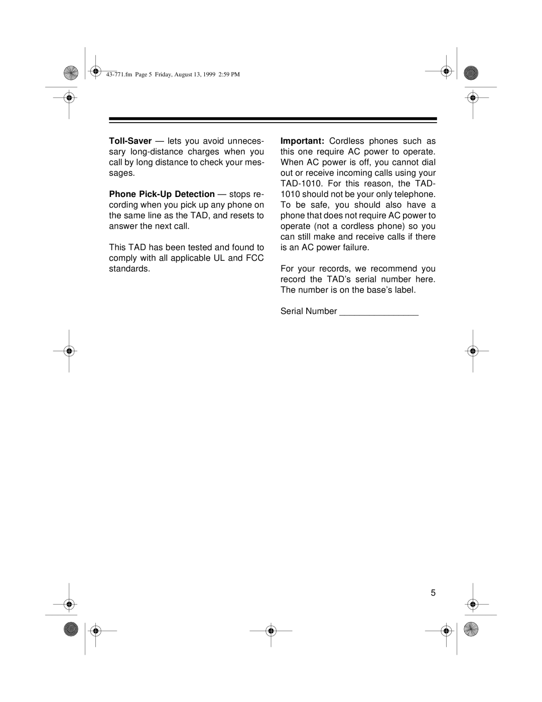 Radio Shack TAD-1010 owner manual Fm Page 5 Friday, August 13, 1999 259 PM 