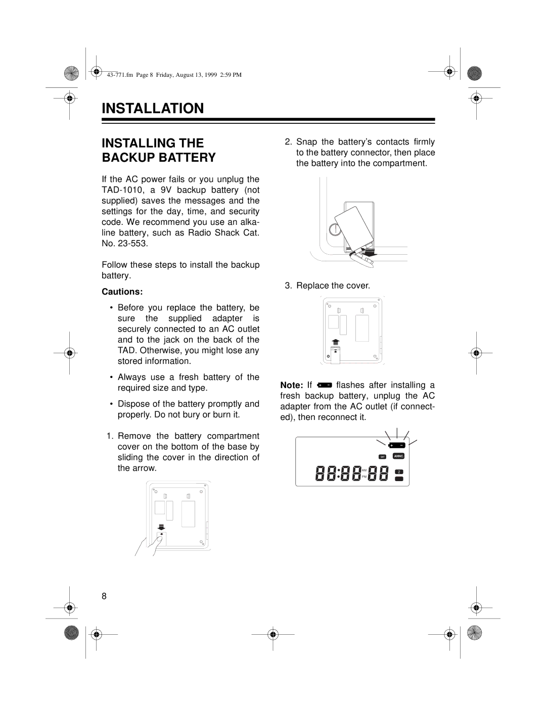 Radio Shack TAD-1010 owner manual Installation, Installing Backup Battery 