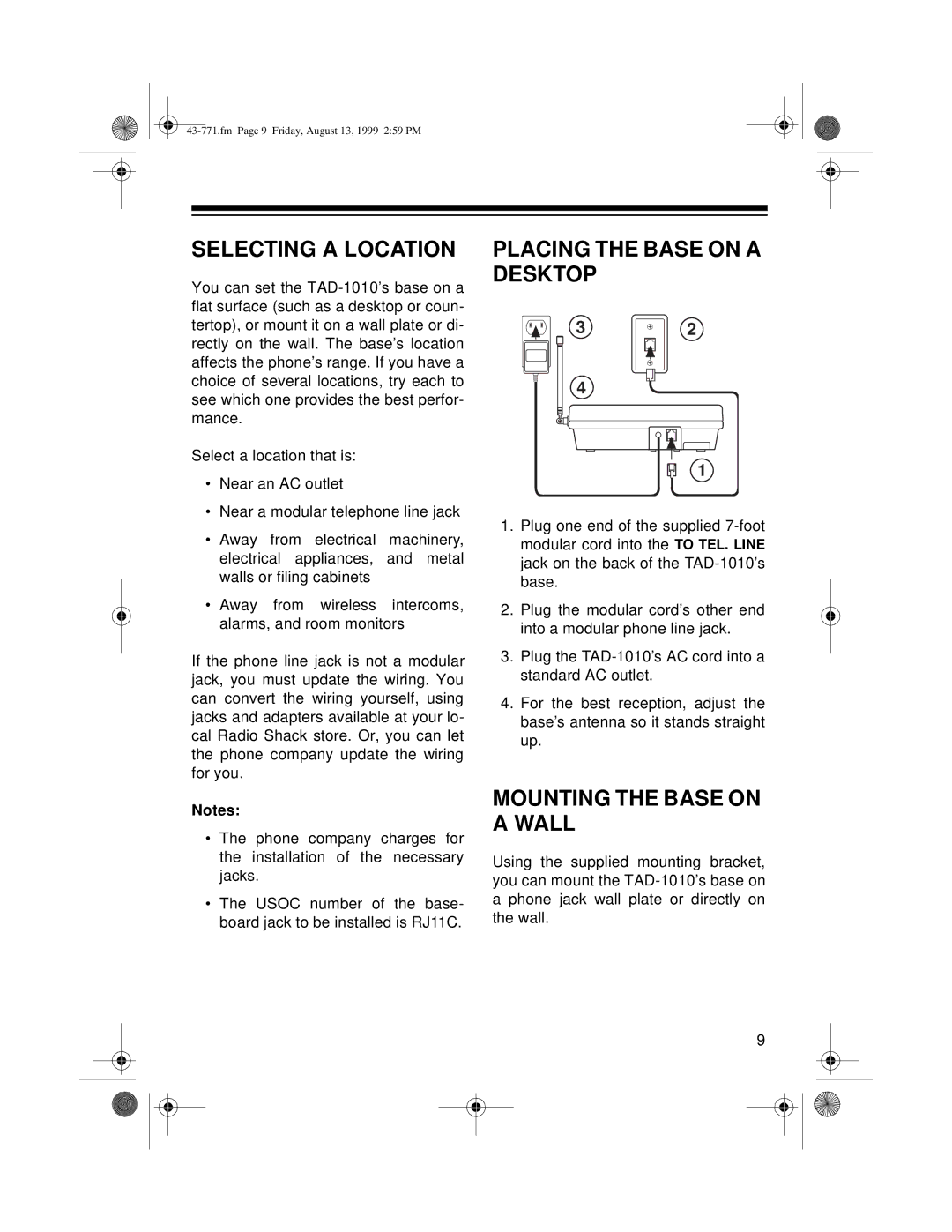 Radio Shack TAD-1010 owner manual Selecting a Location, Placing the Base on a Desktop, Mounting the Base on a Wall 