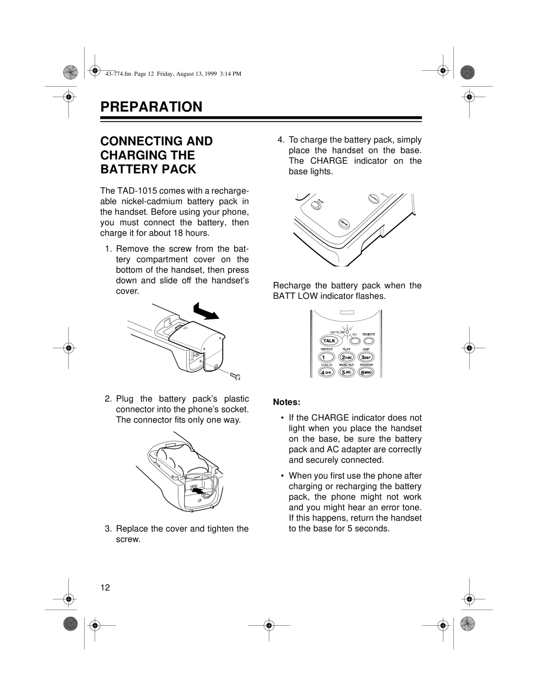 Radio Shack TAD-1015 owner manual Preparation, Connecting and Charging the Battery Pack 