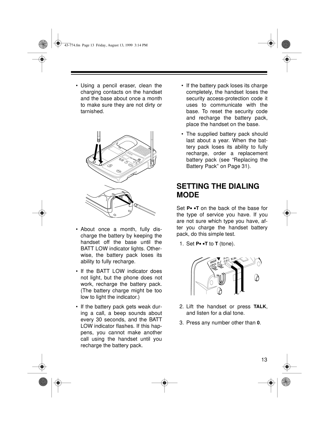 Radio Shack TAD-1015 owner manual Setting the Dialing Mode 