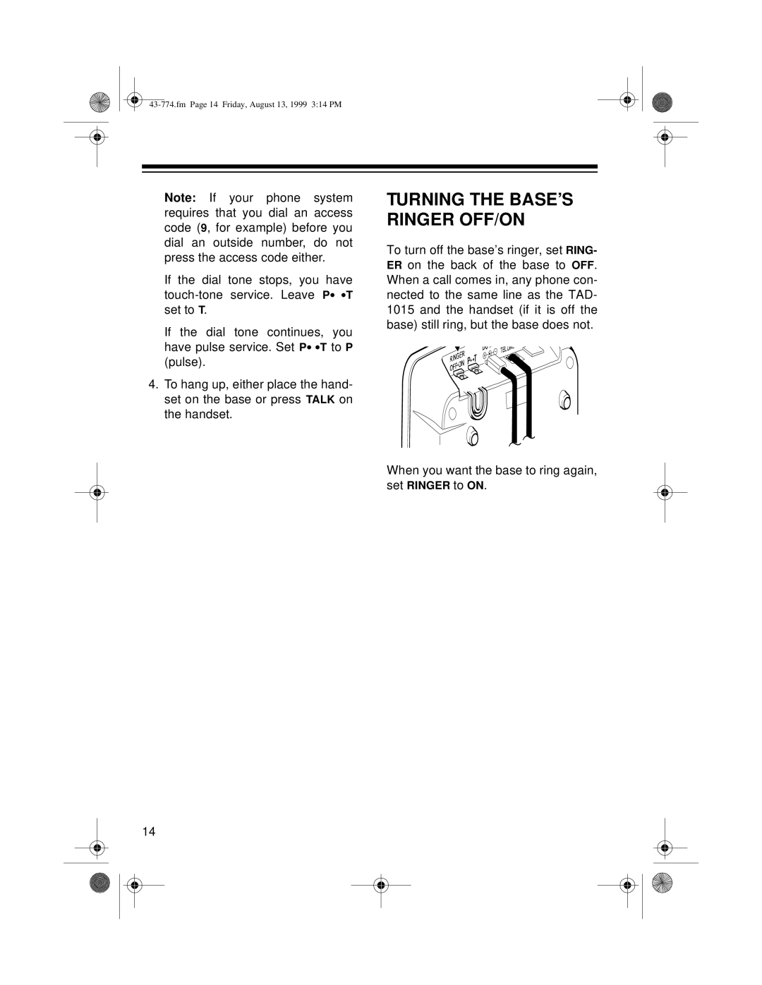 Radio Shack TAD-1015 owner manual Turning the BASE’S Ringer OFF/ON 