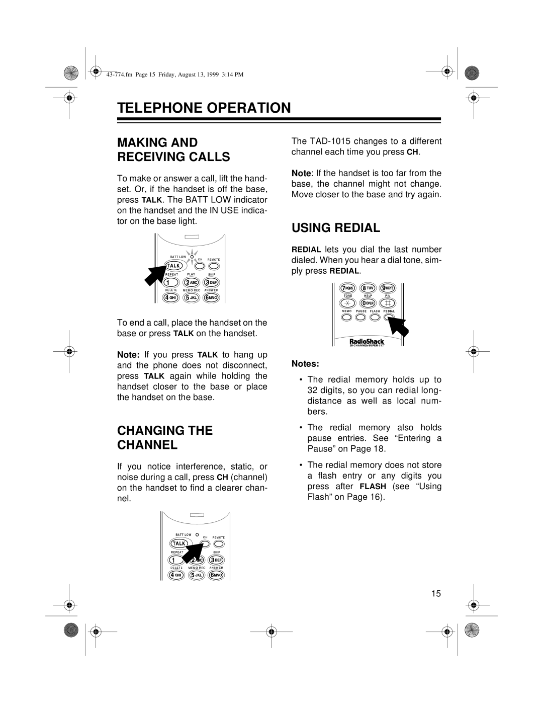 Radio Shack TAD-1015 owner manual Telephone Operation, Making Receiving Calls, Changing Channel, Using Redial 