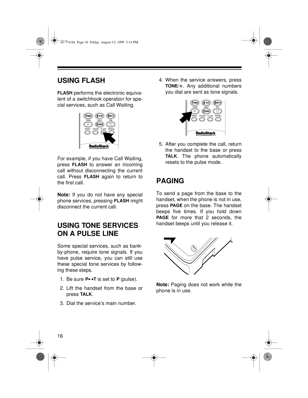 Radio Shack TAD-1015 owner manual Using Flash, Paging 