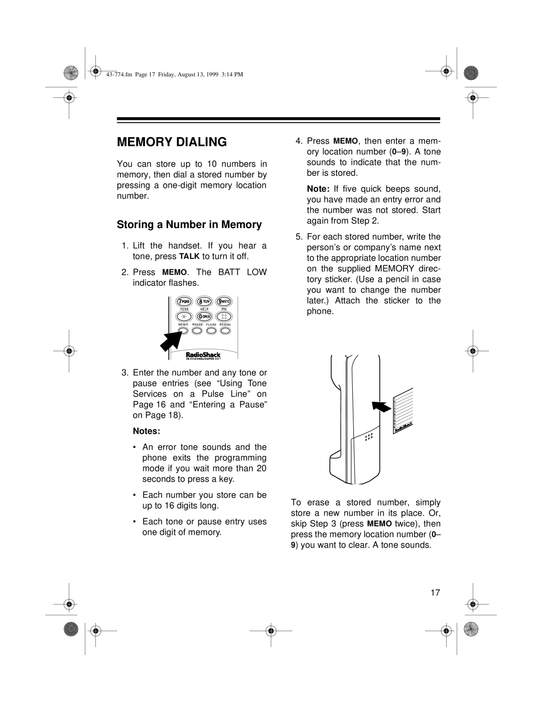 Radio Shack TAD-1015 owner manual Memory Dialing, Storing a Number in Memory 