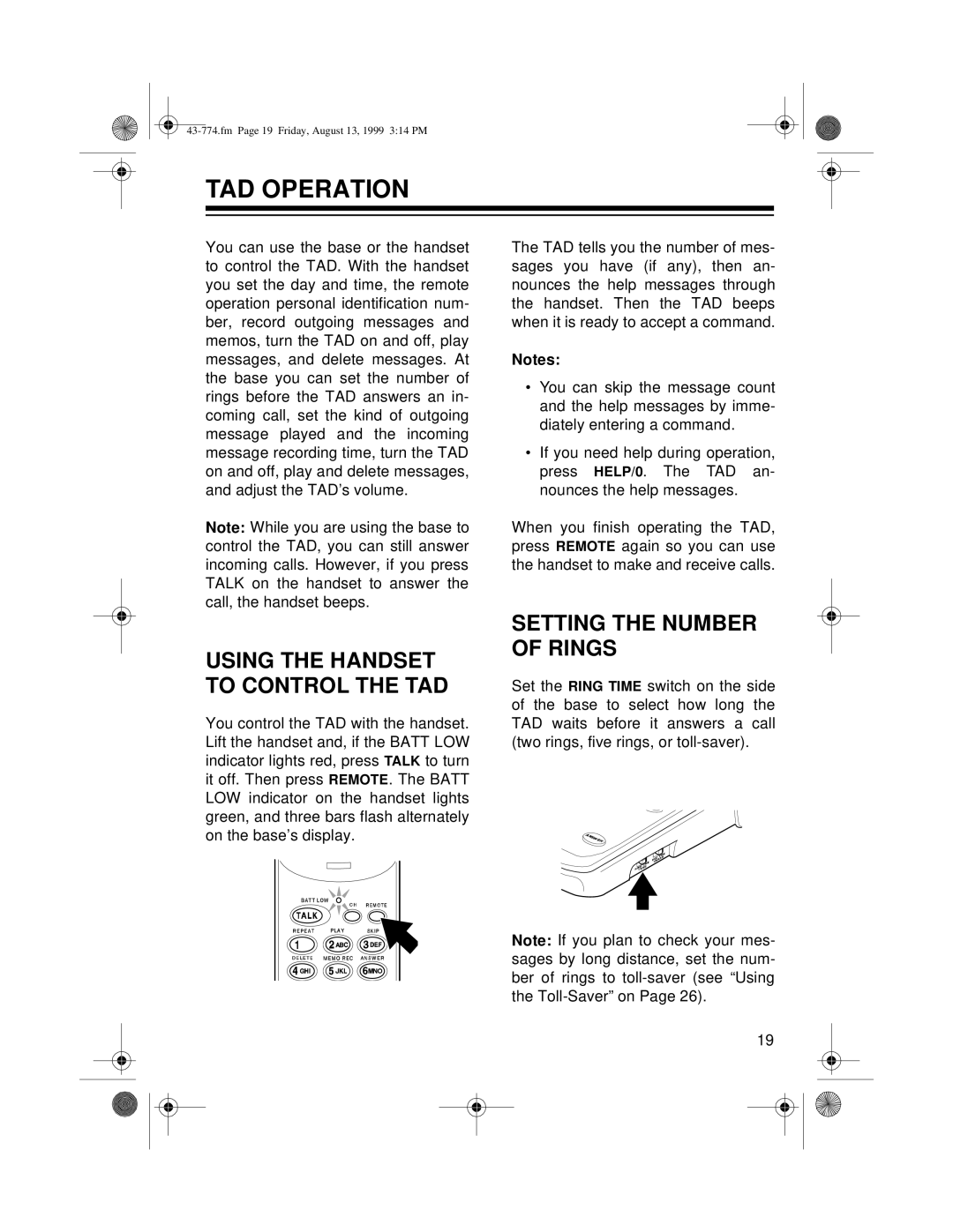 Radio Shack TAD-1015 owner manual TAD Operation, Setting the Number of Rings 