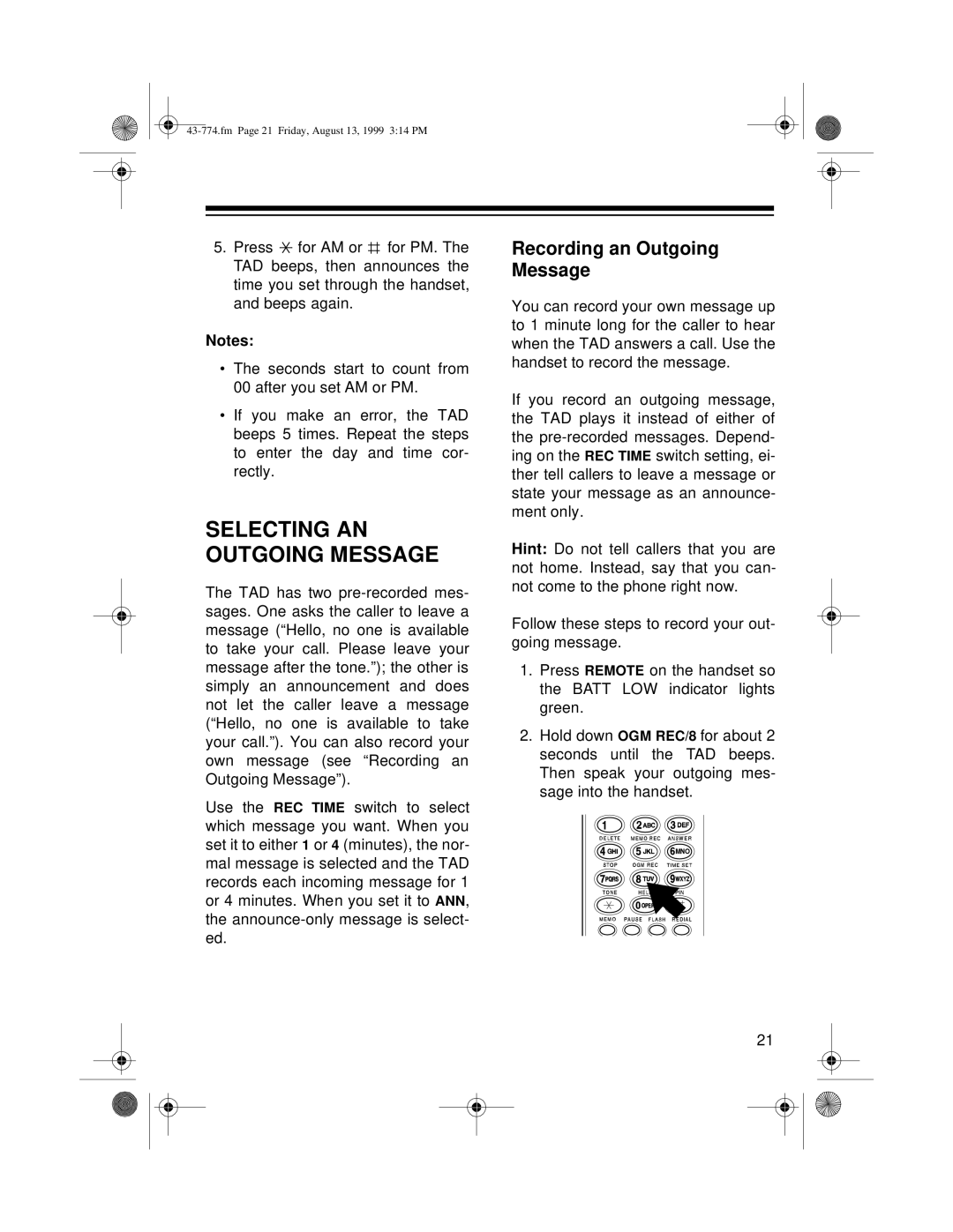 Radio Shack TAD-1015 owner manual Selecting AN Outgoing Message, Recording an Outgoing Message 