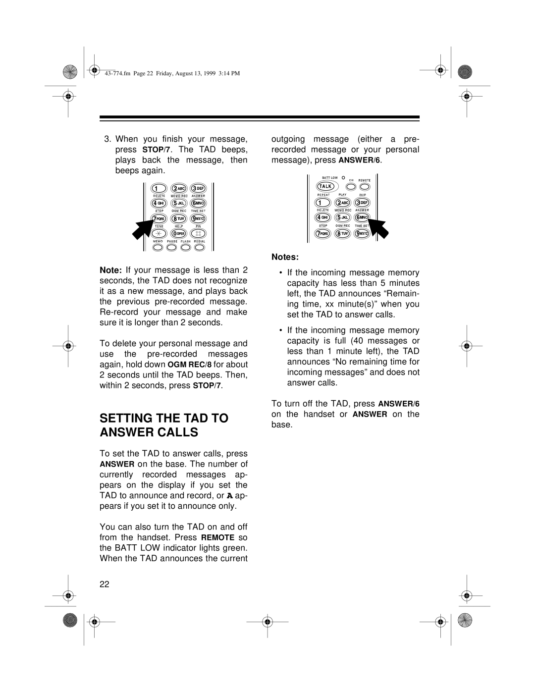 Radio Shack TAD-1015 owner manual Setting the TAD to Answer Calls 