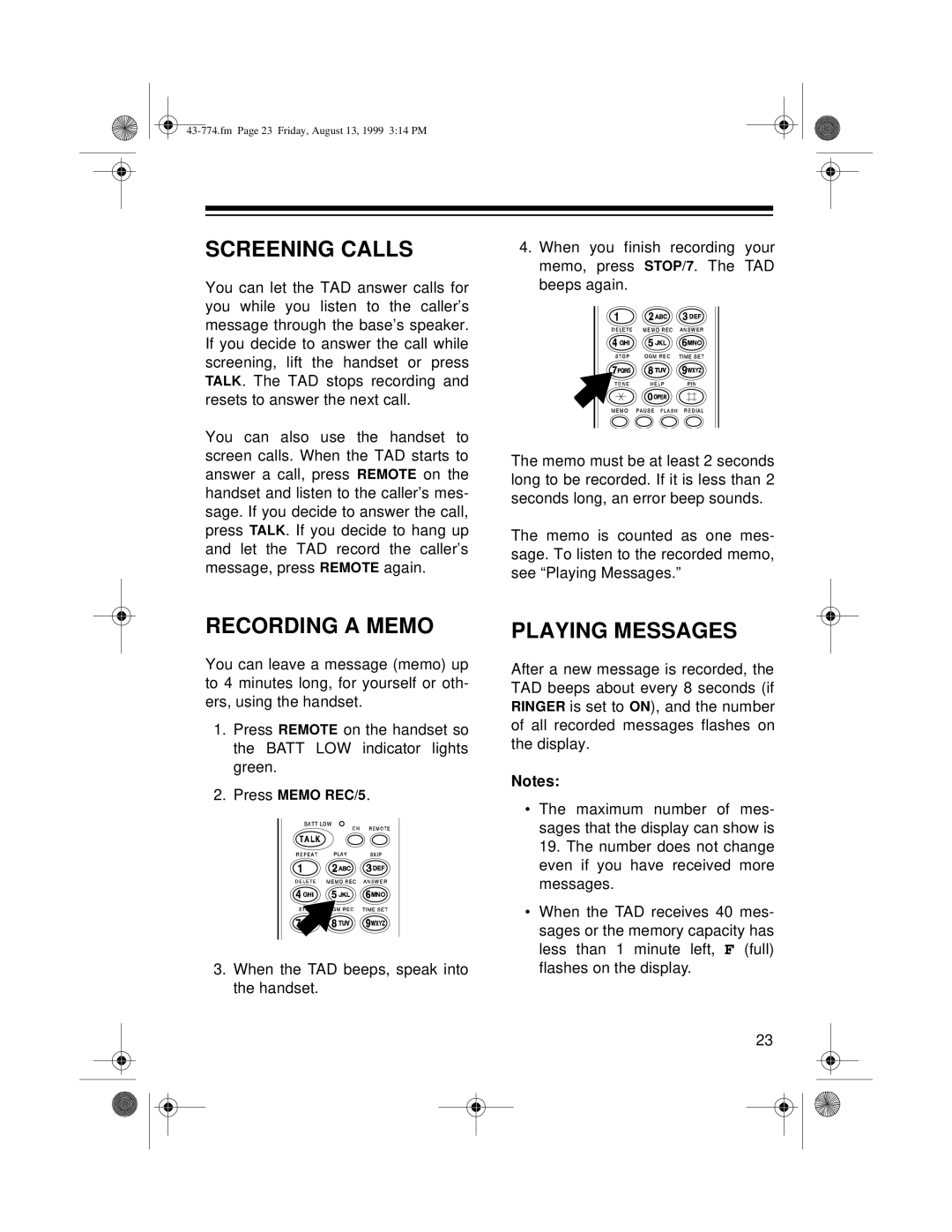 Radio Shack TAD-1015 owner manual Screening Calls, Recording a Memo, Playing Messages 