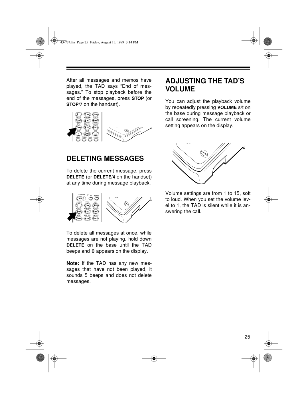 Radio Shack TAD-1015 owner manual Adjusting the TAD’S Volume, Deleting Messages 