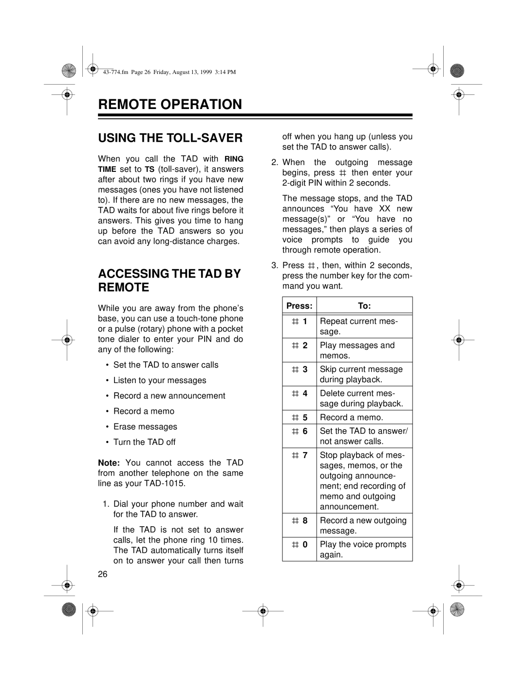 Radio Shack TAD-1015 owner manual Remote Operation, Using the TOLL-SAVER, Accessing the TAD by Remote 