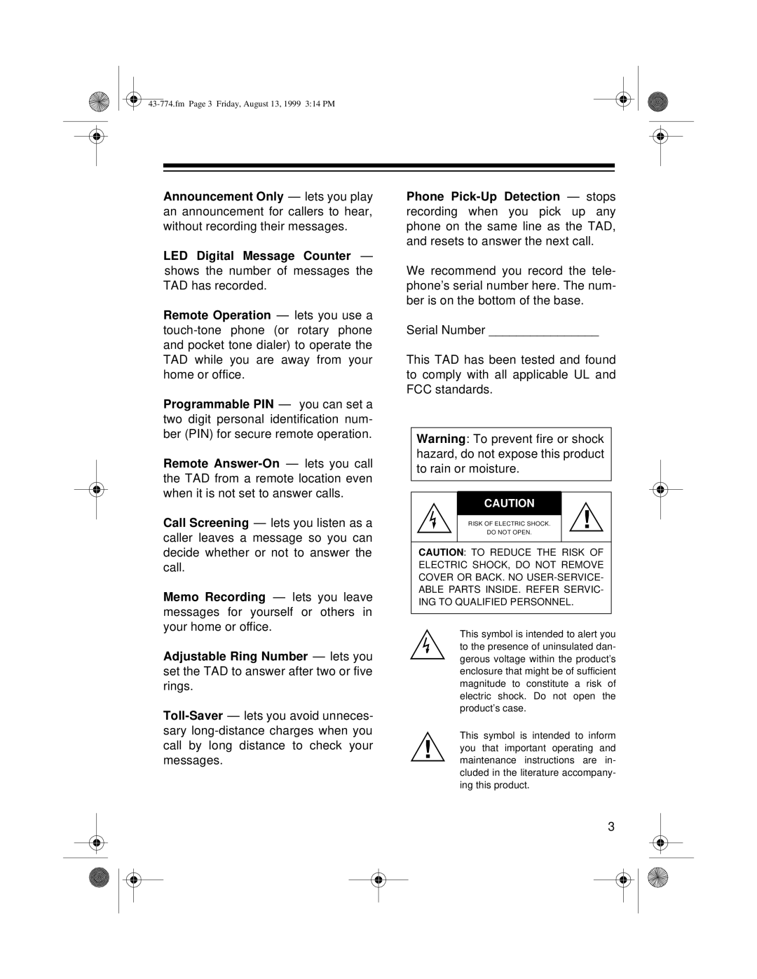 Radio Shack TAD-1015 owner manual Announcement Only lets you play 