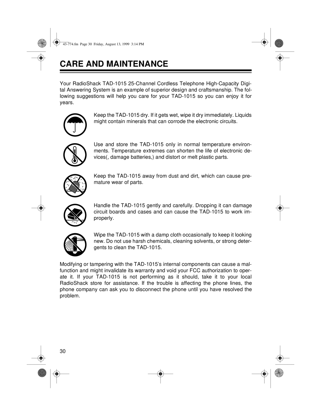 Radio Shack TAD-1015 owner manual Care and Maintenance 