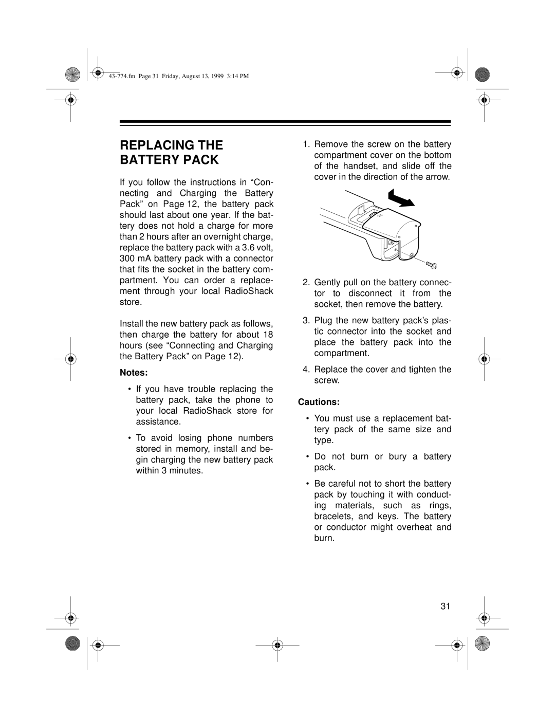 Radio Shack TAD-1015 owner manual Replacing Battery Pack 