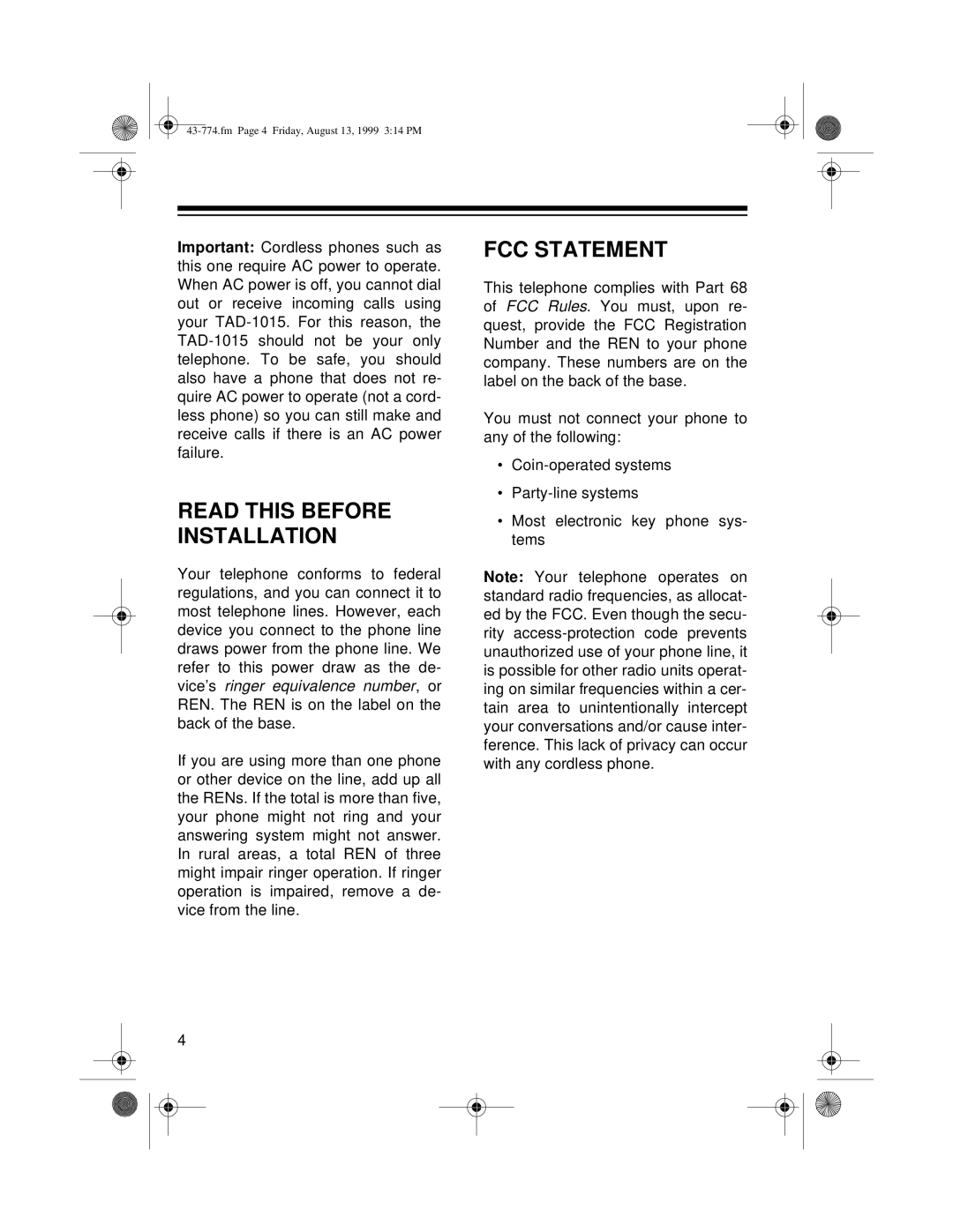 Radio Shack TAD-1015 owner manual Read this Before Installation, FCC Statement 