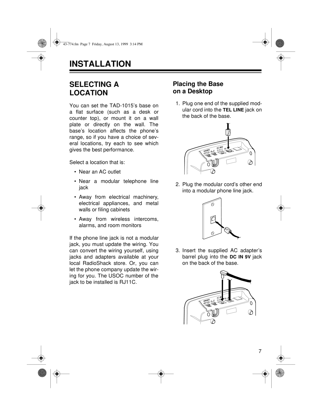 Radio Shack TAD-1015 owner manual Installation, Selecting a, Location, Placing the Base, On a Desktop 