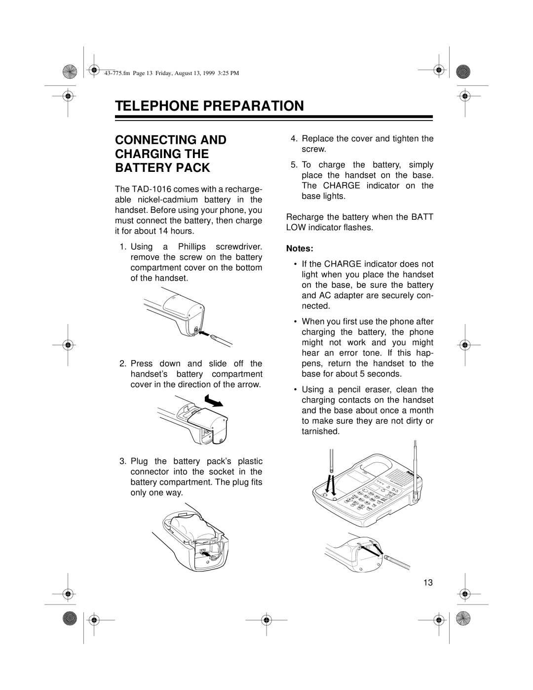 Radio Shack TAD-1016 owner manual Telephone Preparation, Connecting and Charging the Battery Pack 