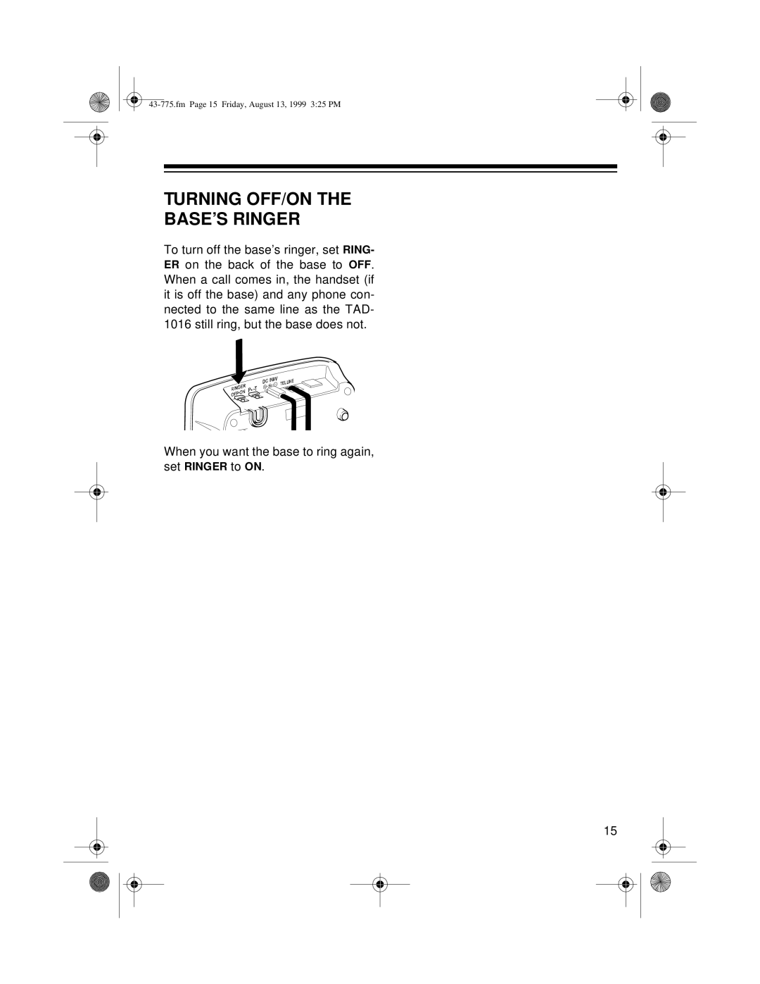 Radio Shack TAD-1016 owner manual Turning OFF/ON BASE’S Ringer 