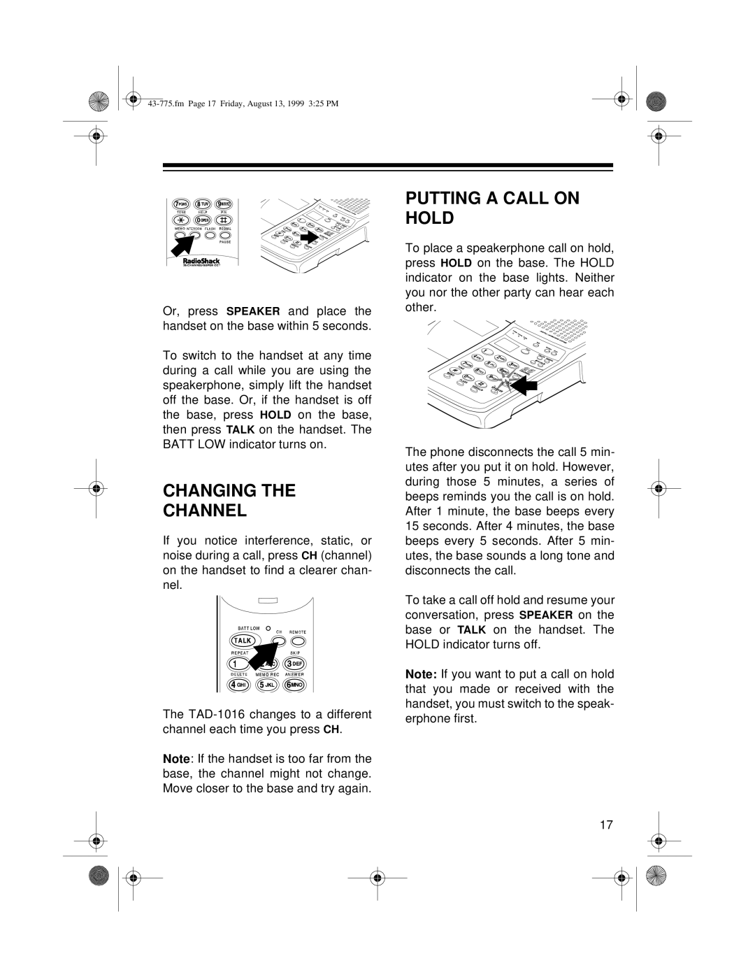 Radio Shack TAD-1016 owner manual Changing Channel, Putting a Call on Hold 