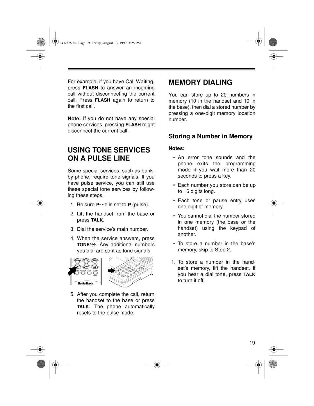 Radio Shack TAD-1016 owner manual Memory Dialing, Storing a Number in Memory 