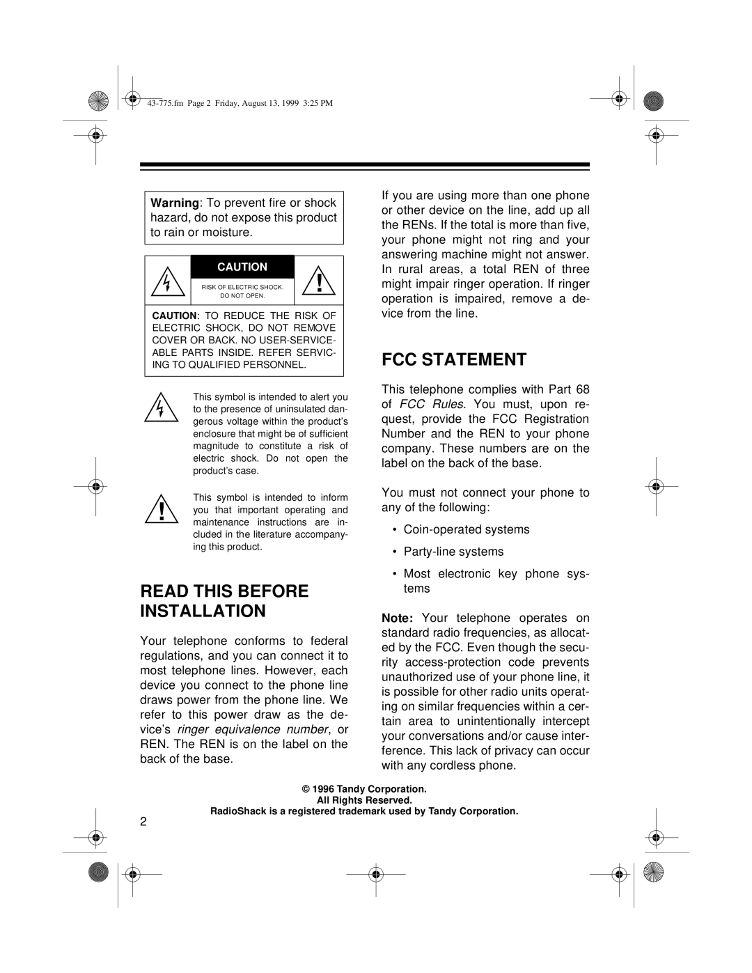 Radio Shack TAD-1016 owner manual Read this Before Installation, FCC Statement 