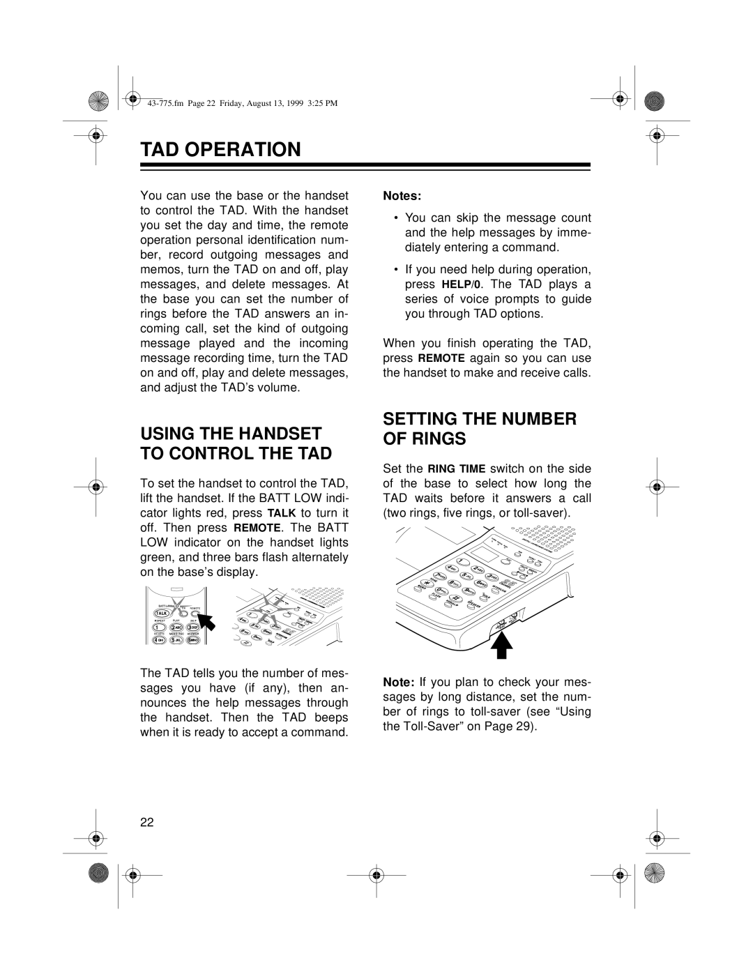 Radio Shack TAD-1016 owner manual TAD Operation, Setting the Number of Rings 