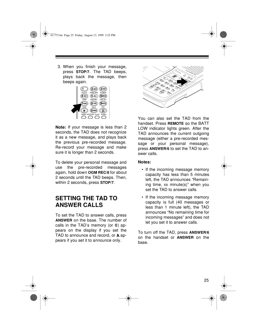 Radio Shack TAD-1016 owner manual Setting the TAD to Answer Calls 