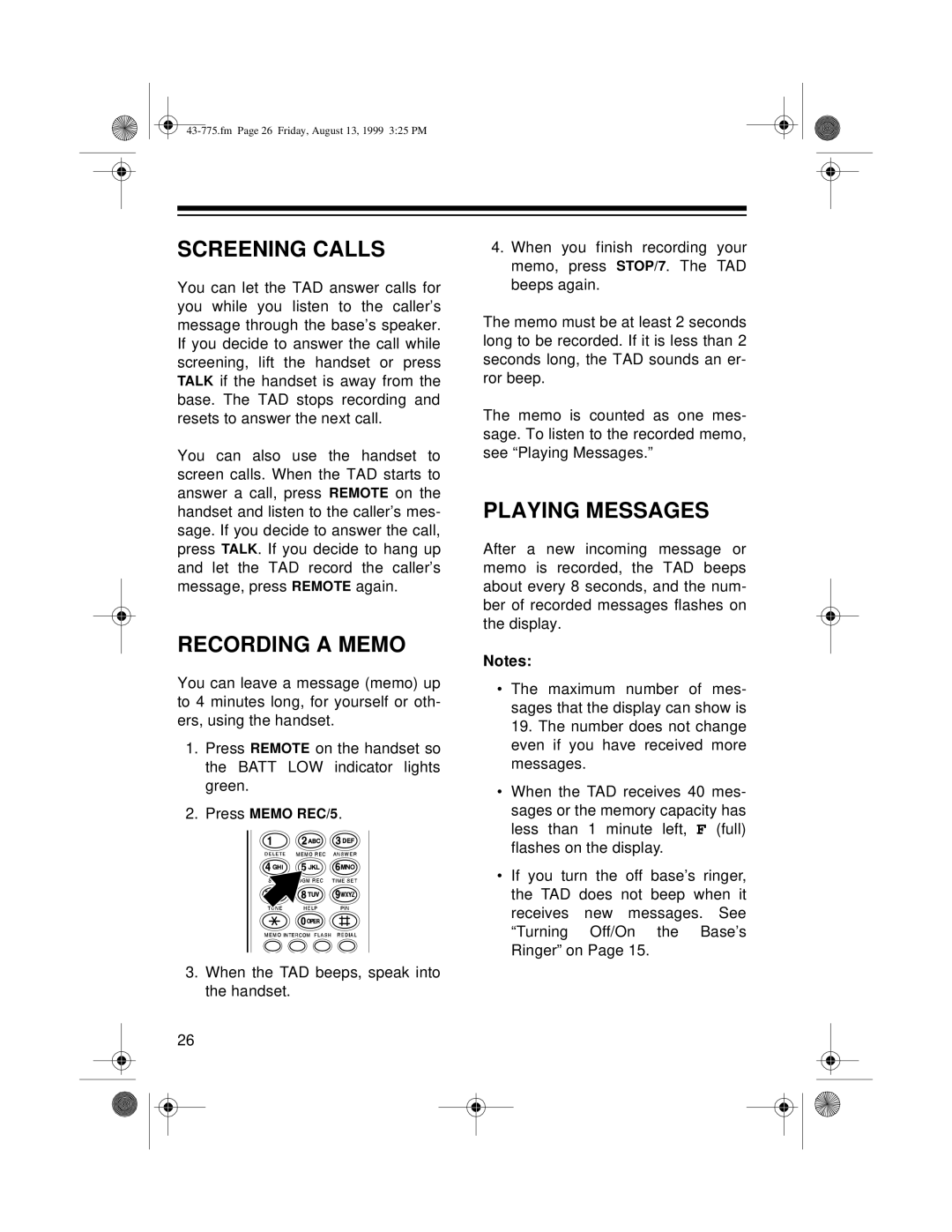 Radio Shack TAD-1016 owner manual Screening Calls, Recording a Memo, Playing Messages 