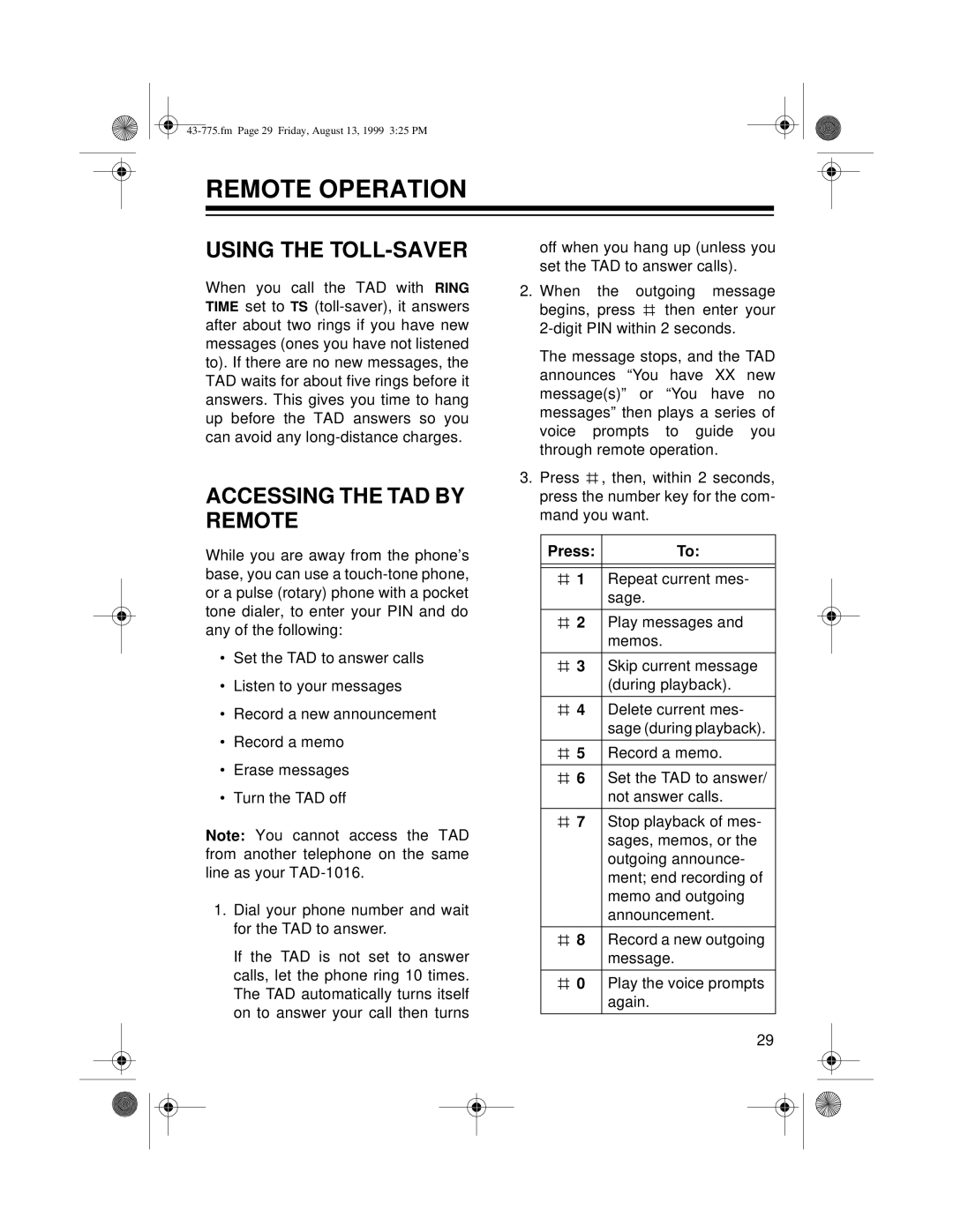 Radio Shack TAD-1016 owner manual Remote Operation, Using the TOLL-SAVER, Accessing the TAD by Remote 