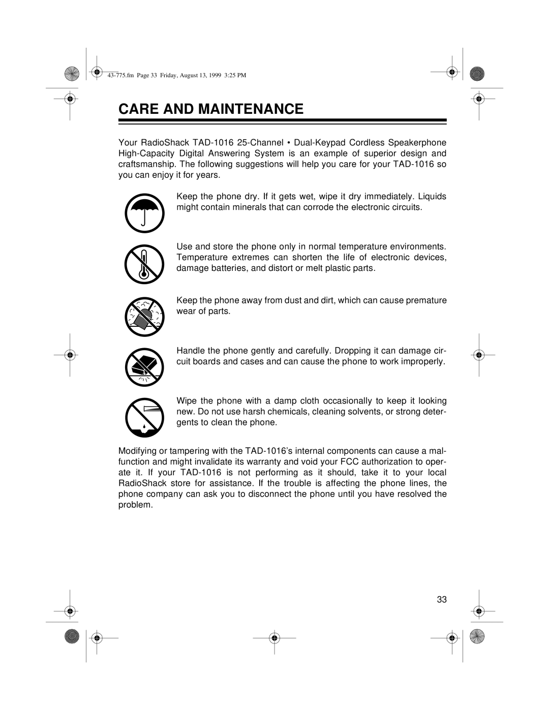 Radio Shack TAD-1016 owner manual Care and Maintenance 