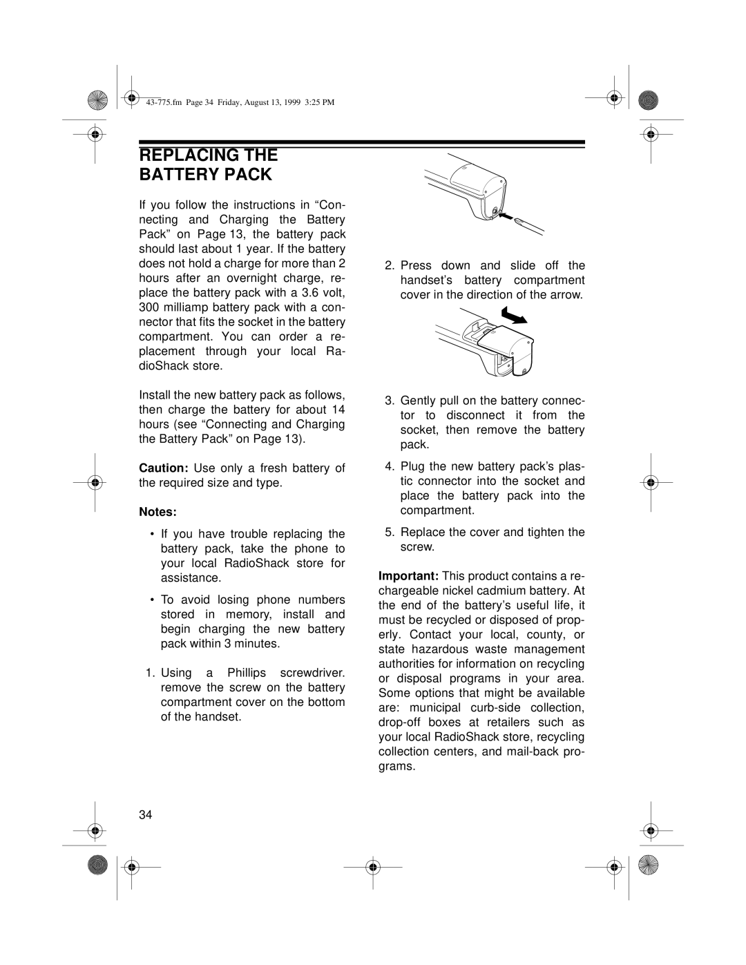 Radio Shack TAD-1016 owner manual Replacing Battery Pack 