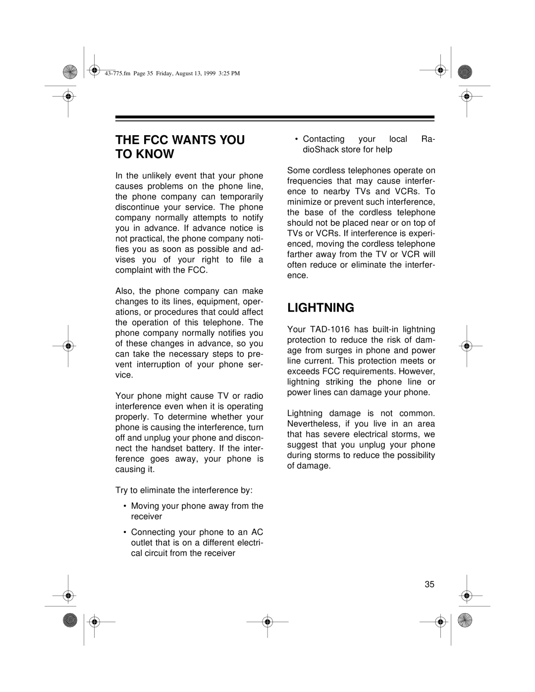 Radio Shack TAD-1016 owner manual FCC Wants YOU to Know, Lightning 