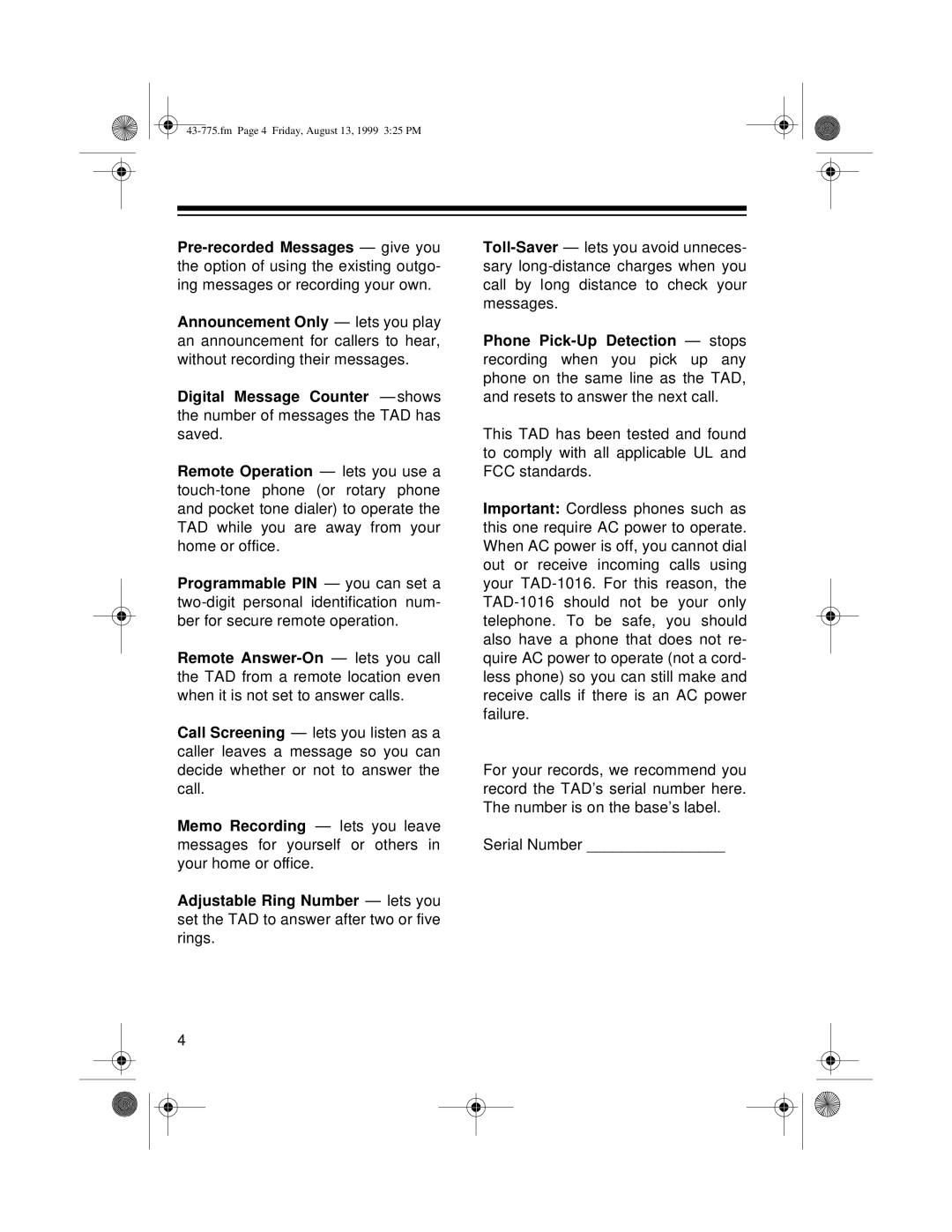 Radio Shack TAD-1016 owner manual Fm Page 4 Friday, August 13, 1999 325 PM 