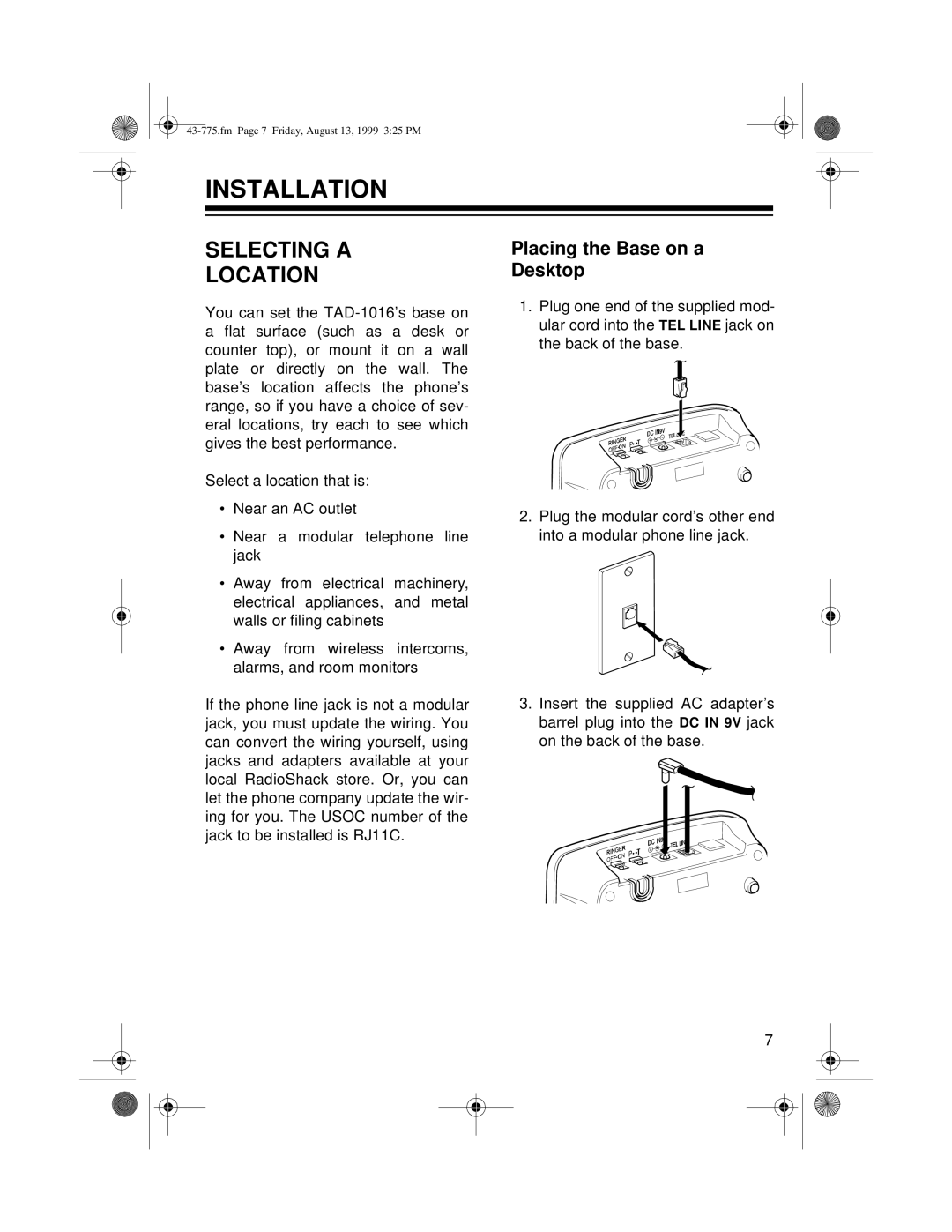 Radio Shack TAD-1016 owner manual Installation, Selecting a Location, Placing the Base on a Desktop 