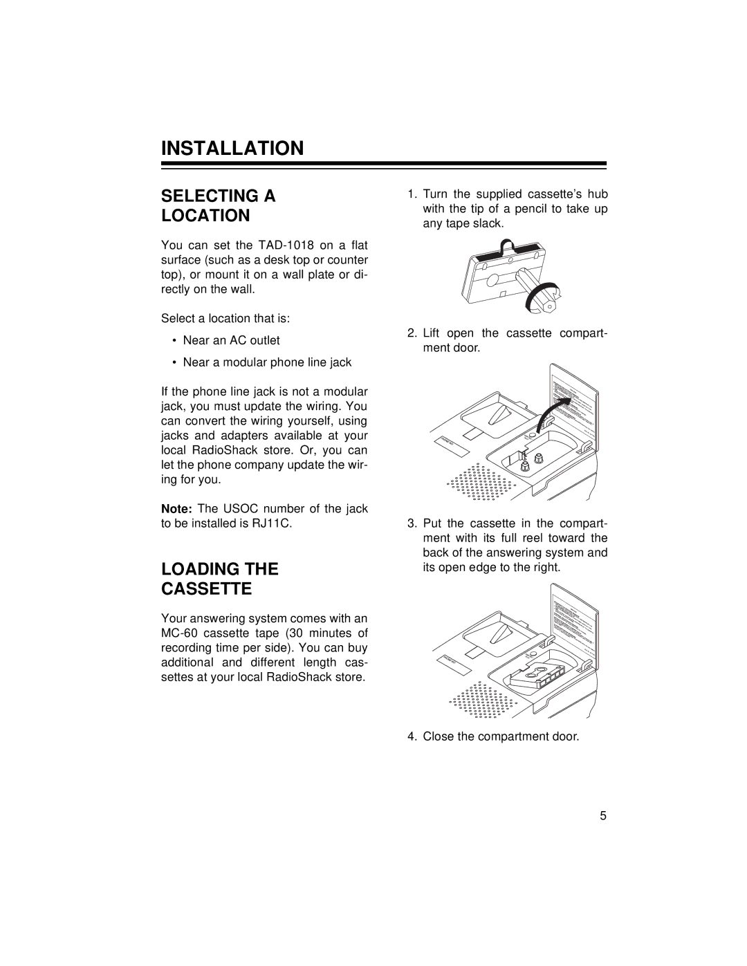 Radio Shack TAD-1018 owner manual Installation, Selecting a Location, Loading Cassette 