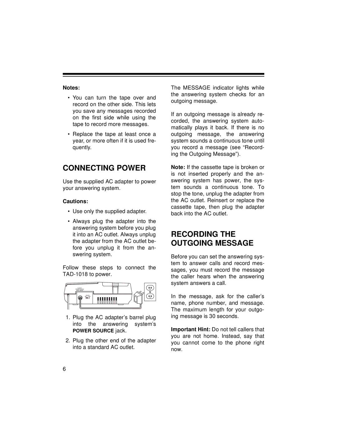 Radio Shack TAD-1018 owner manual Connecting Power, Recording the Outgoing Message 