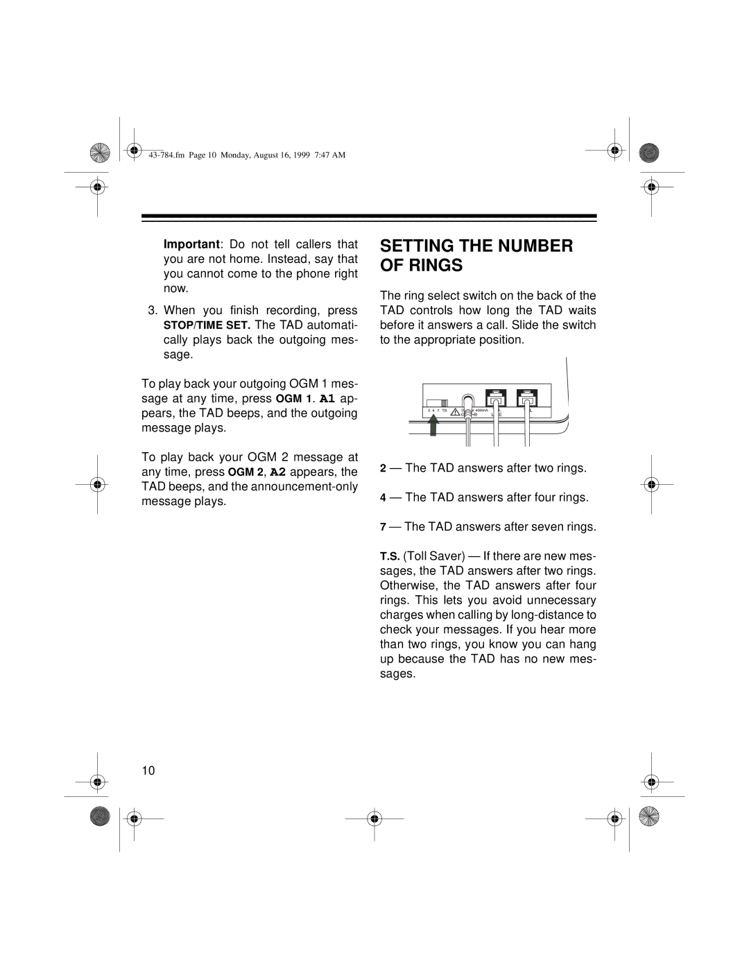 Radio Shack TAD-1024 owner manual Setting the Number of Rings 