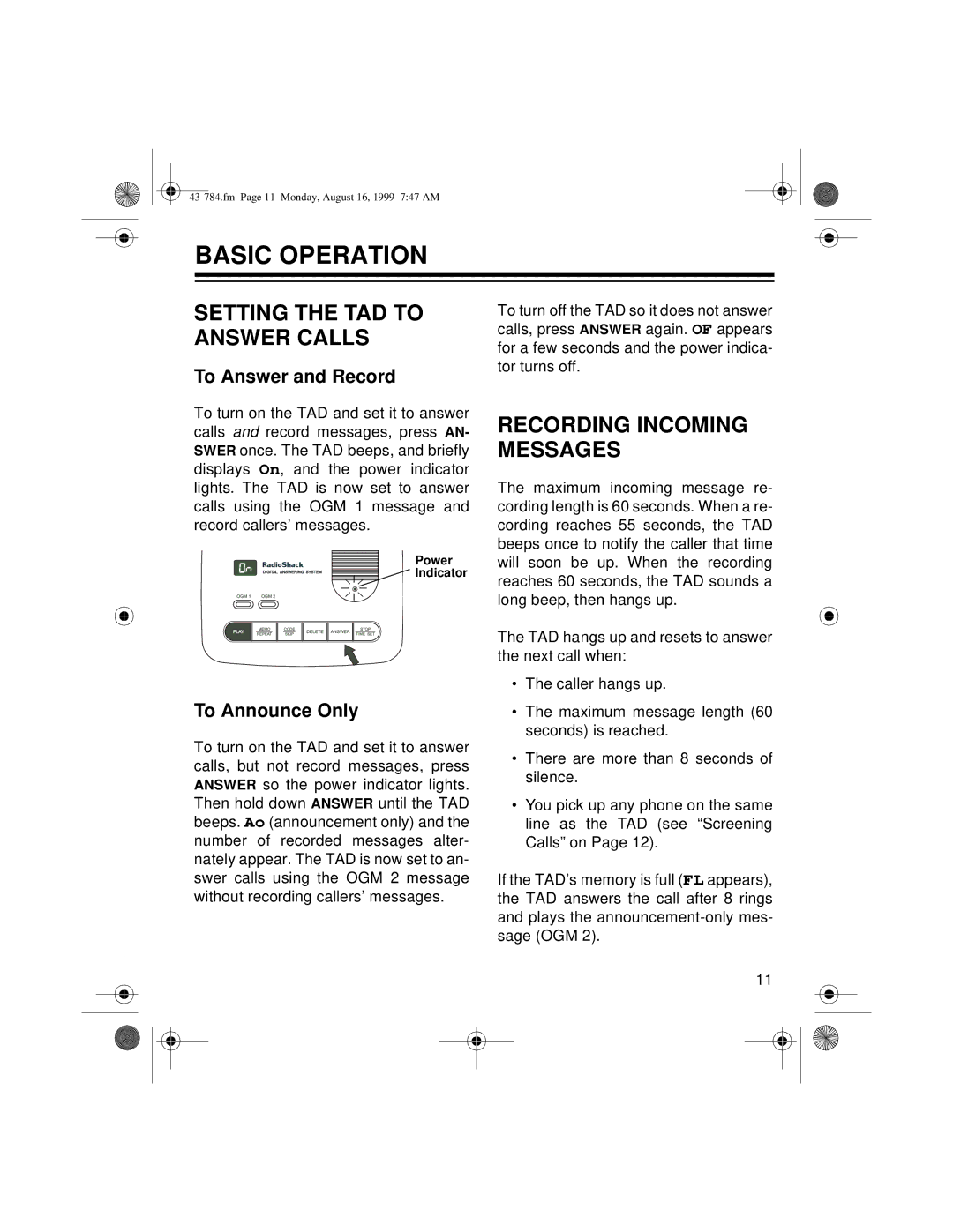 Radio Shack TAD-1024 owner manual Basic Operation, Setting the TAD to Answer Calls, Recording Incoming Messages 