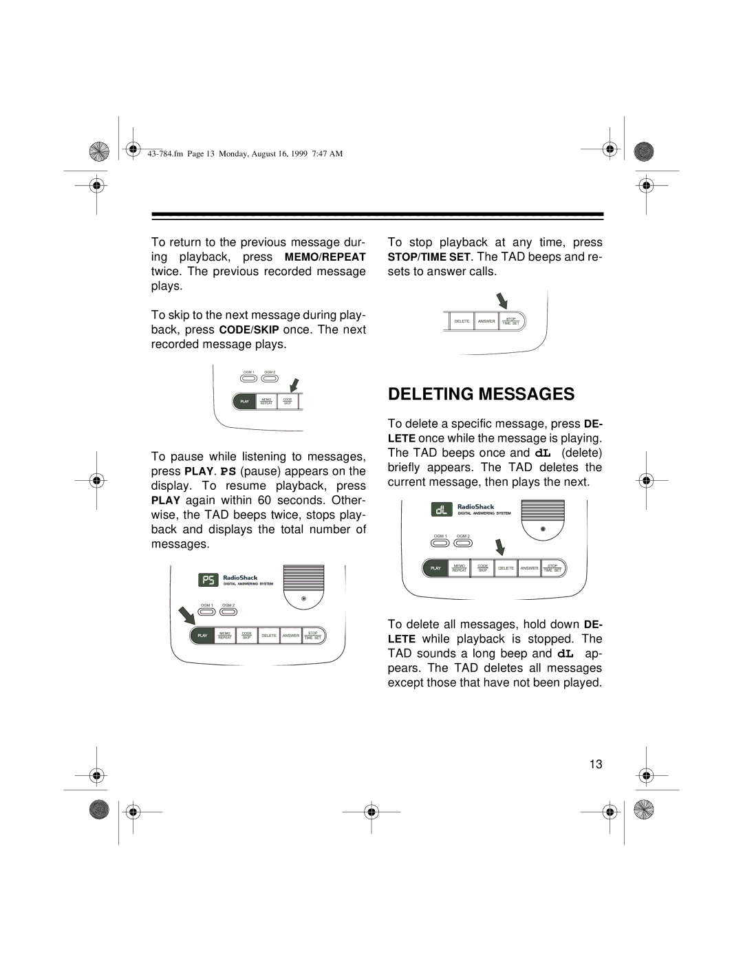 Radio Shack TAD-1024 owner manual Deleting Messages 