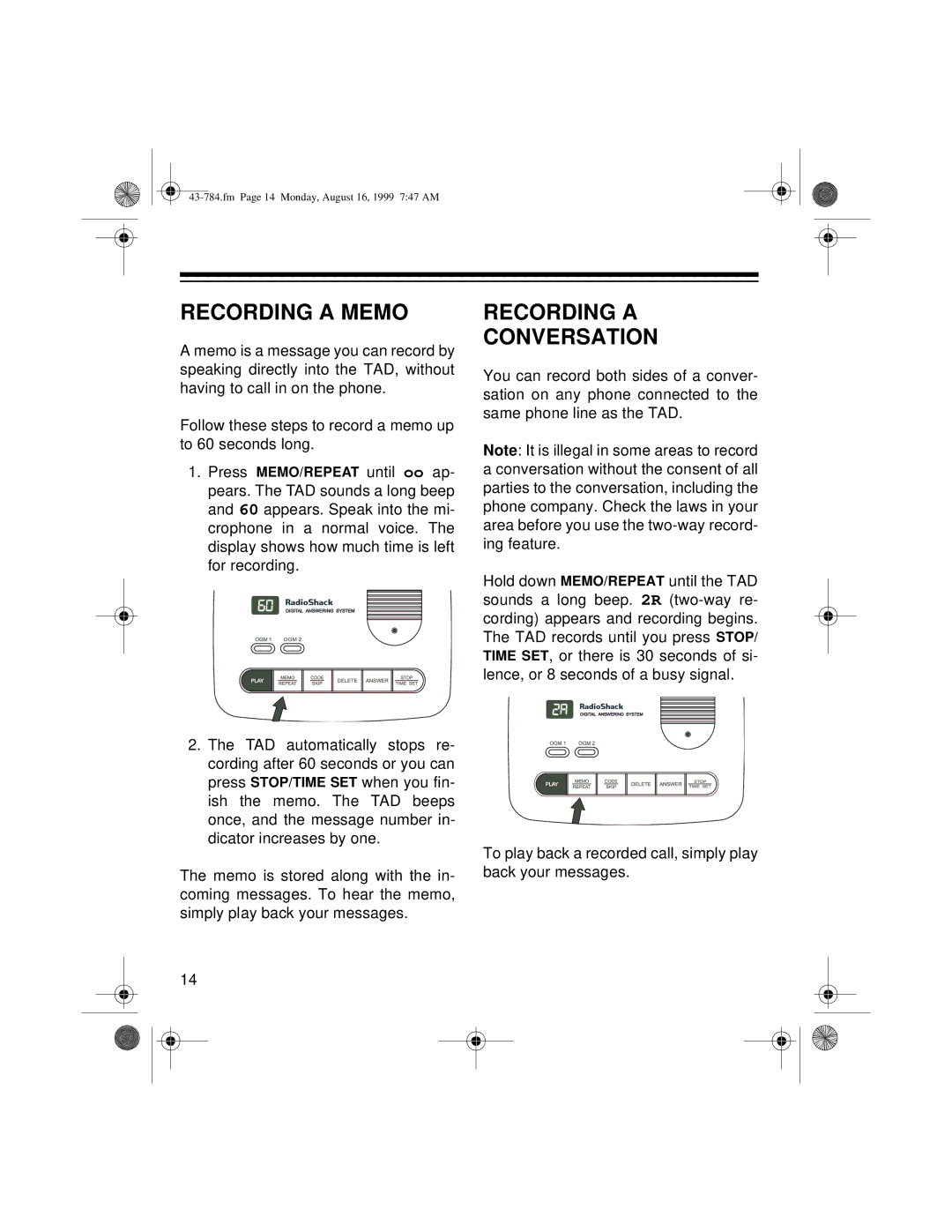 Radio Shack TAD-1024 owner manual Recording a Memo, Recording a Conversation 