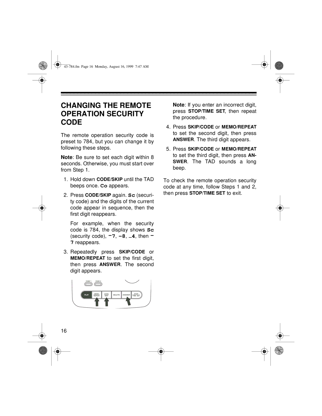 Radio Shack TAD-1024 owner manual Changing the Remote Operation Security Code 