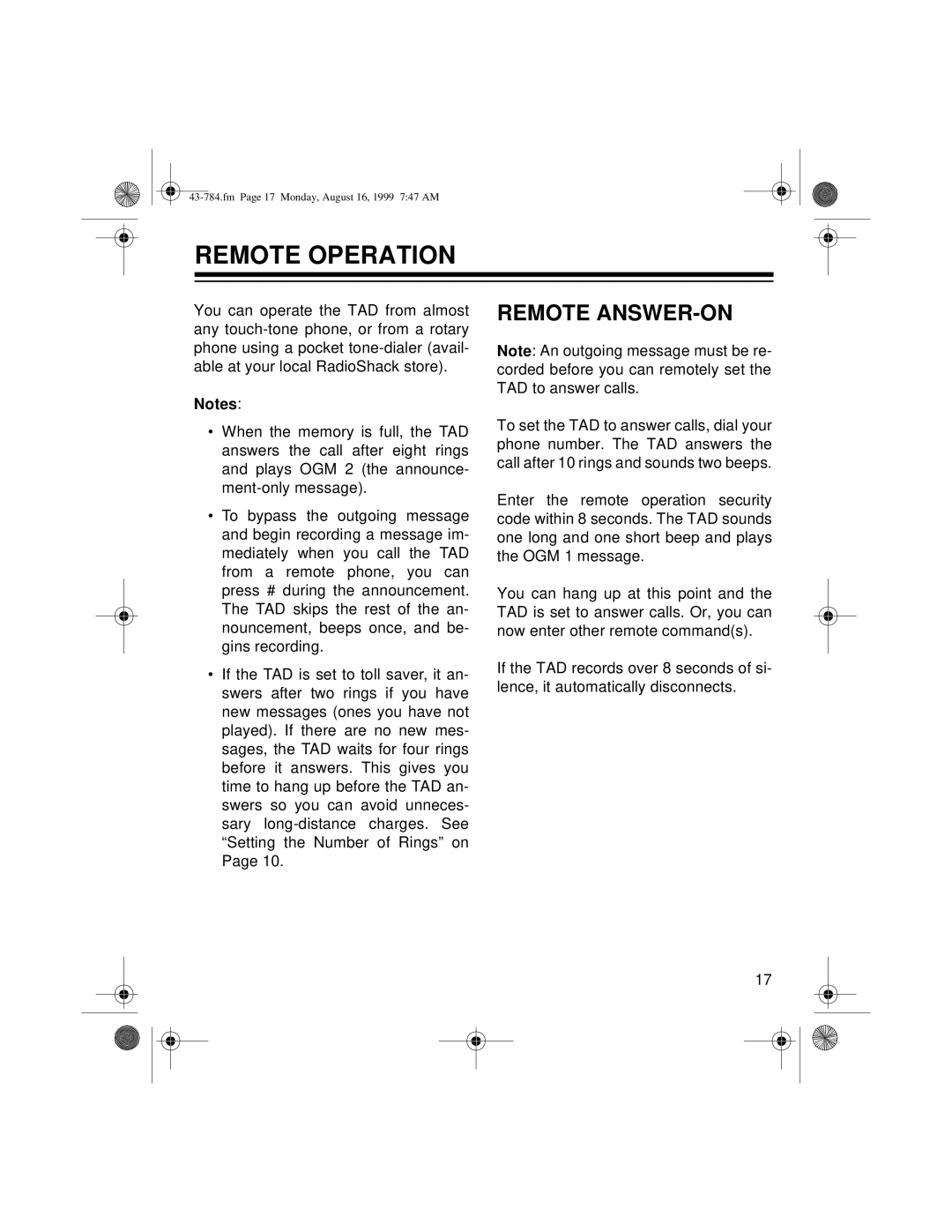 Radio Shack TAD-1024 owner manual Remote Operation, Remote ANSWER-ON 