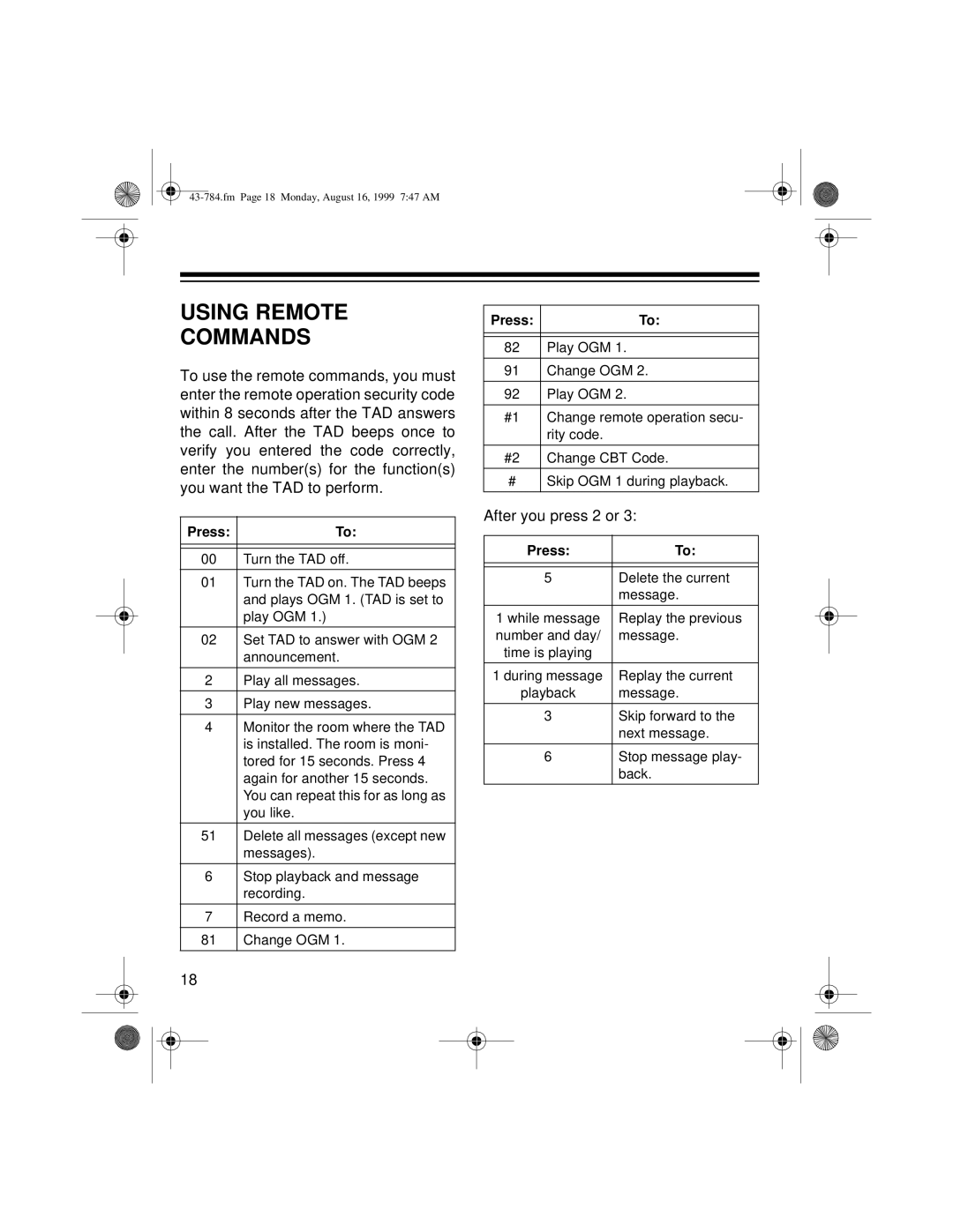 Radio Shack TAD-1024 owner manual Using Remote Commands, Press 