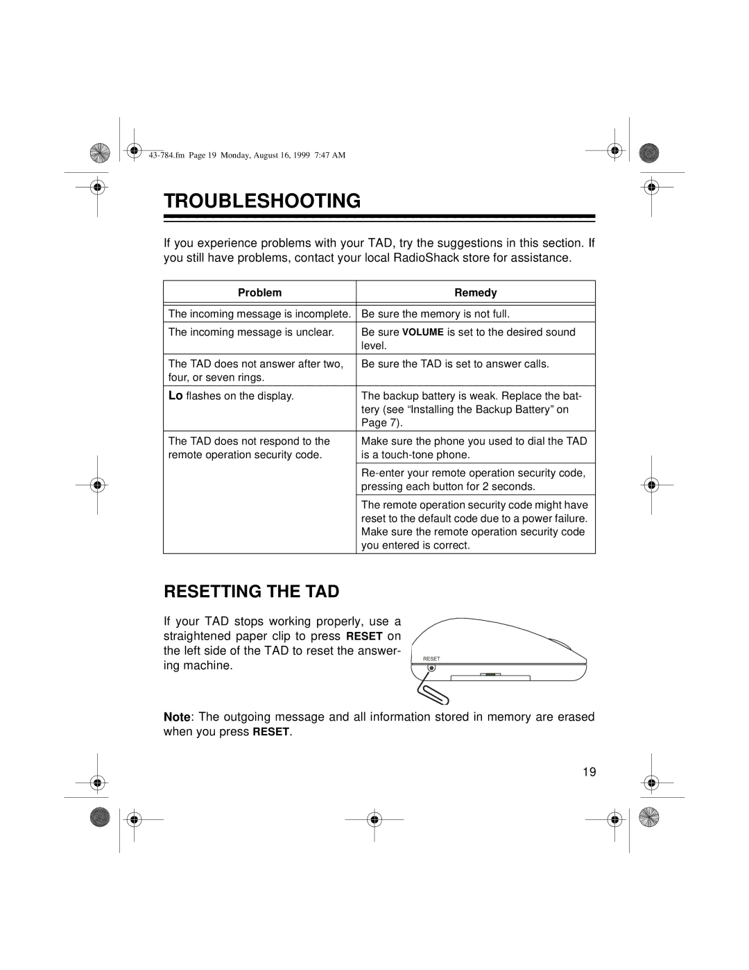 Radio Shack TAD-1024 owner manual Troubleshooting, Resetting the TAD, Problem Remedy 